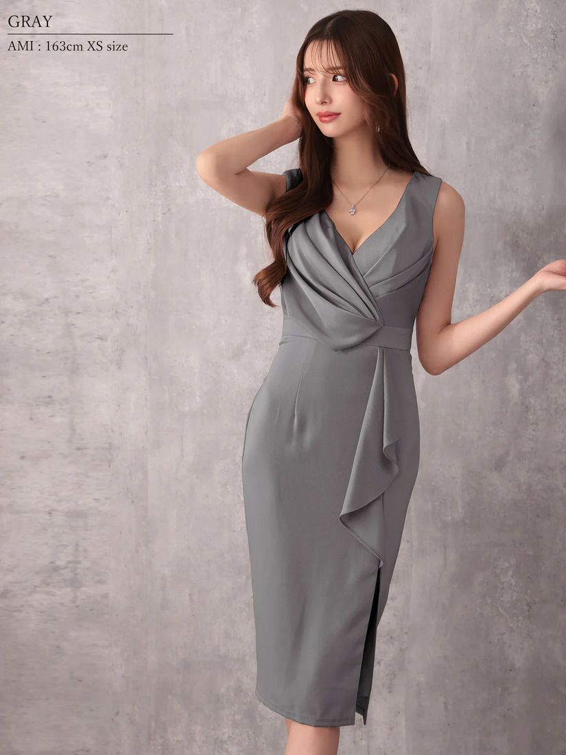 Veautt ヴュート フロントドレープデザインバストタックウエストマークフリルタイトミディアムドレス  vt022602