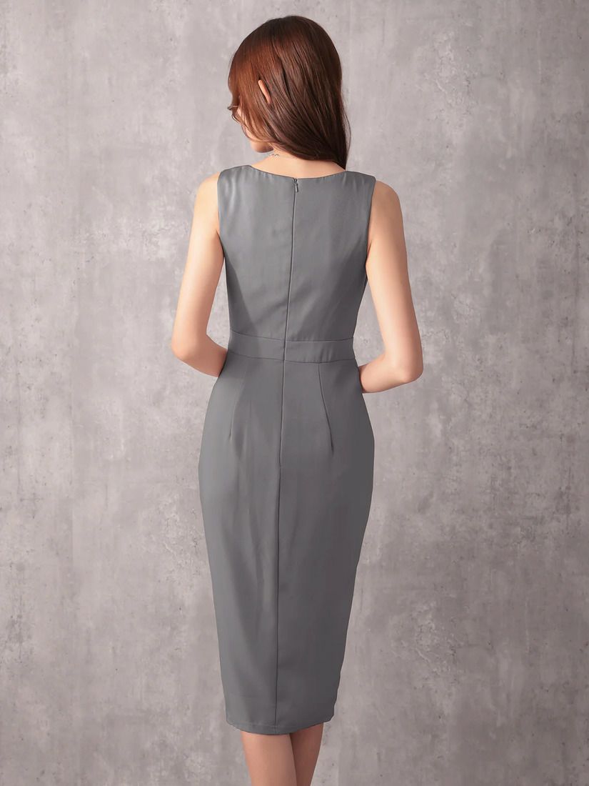 Veautt ヴュート フロントドレープデザインバストタックウエストマークフリルタイトミディアムドレス  vt022602