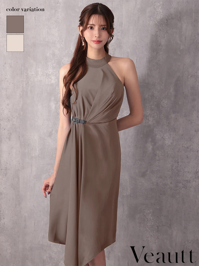 Veautt ヴュート ホルターネックウエストベルトアシンメトリーフレアミディアムドレス  vt022601