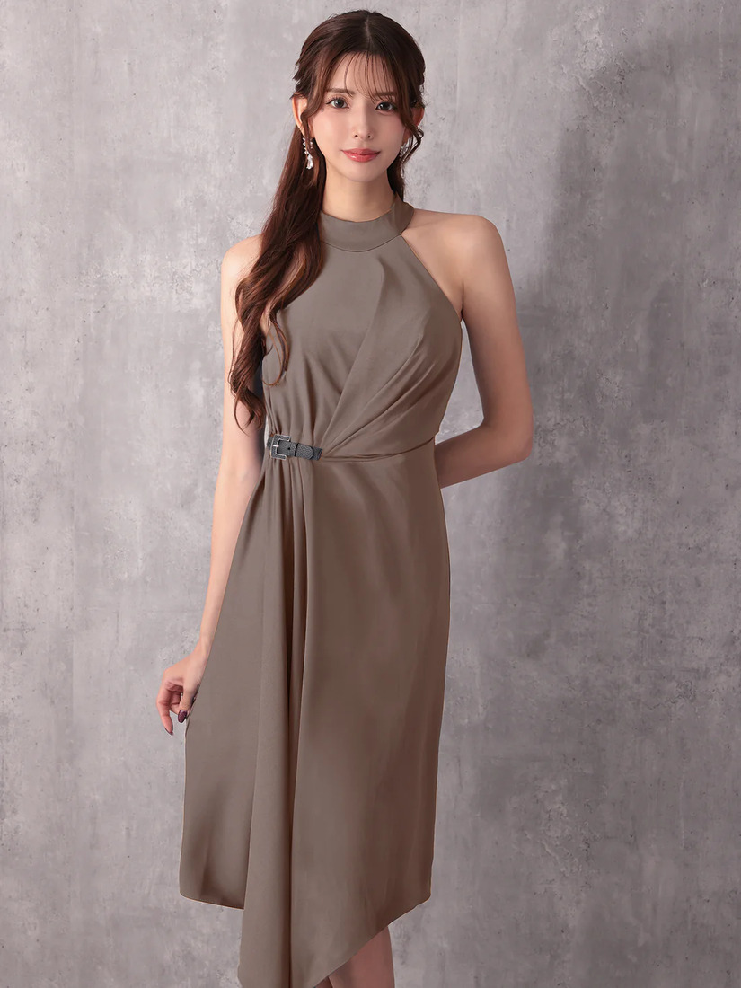 Veautt ヴュート ホルターネックウエストベルトアシンメトリーフレアミディアムドレス  vt022601