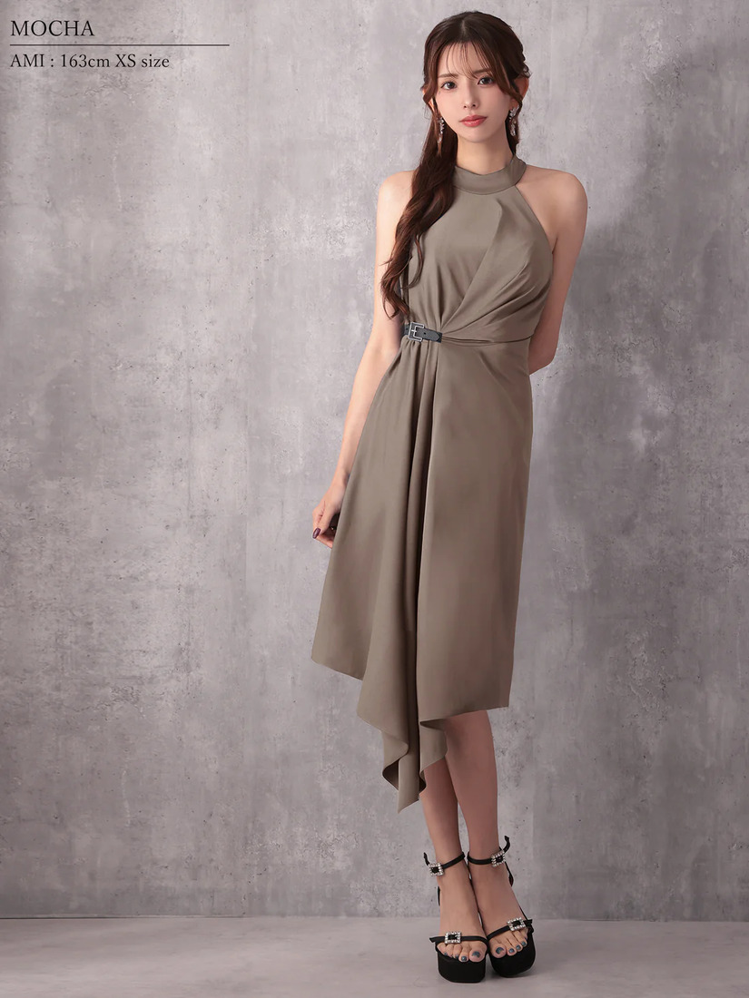 Veautt ヴュート ホルターネックウエストベルトアシンメトリーフレアミディアムドレス  vt022601