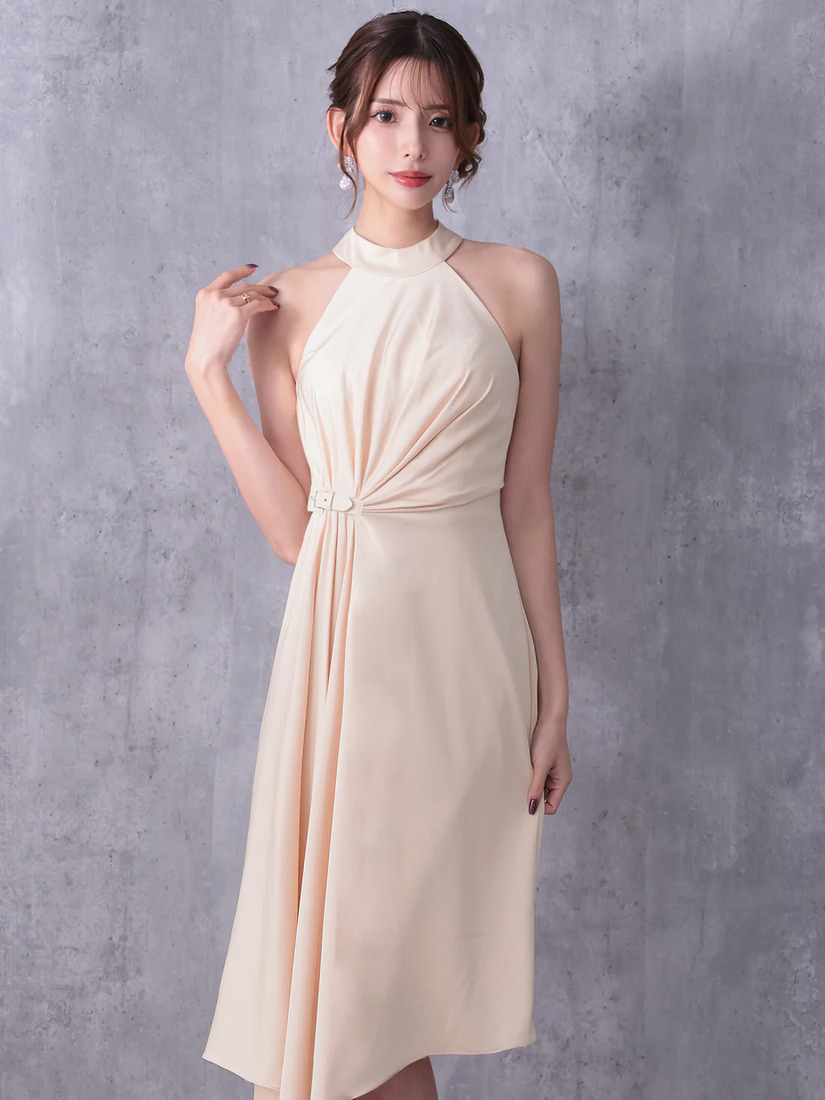 Veautt ヴュート ホルターネックウエストベルトアシンメトリーフレアミディアムドレス  vt022601