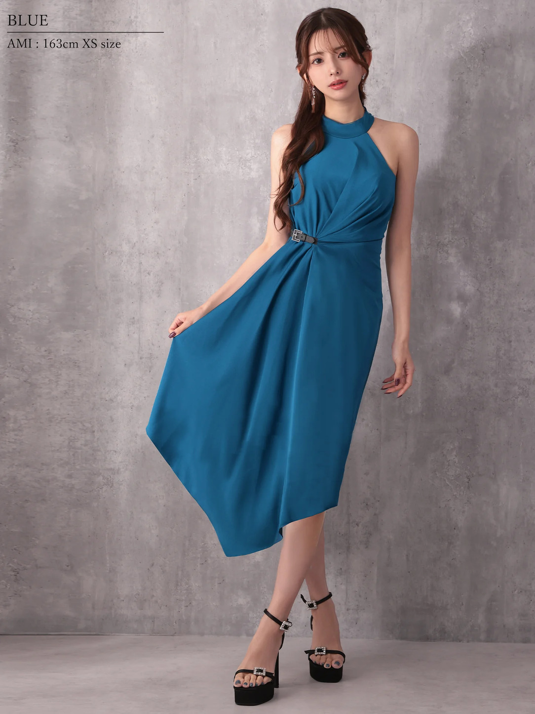 Veautt ヴュート ホルターネックウエストベルトアシンメトリーフレアミディアムドレス  vt022601