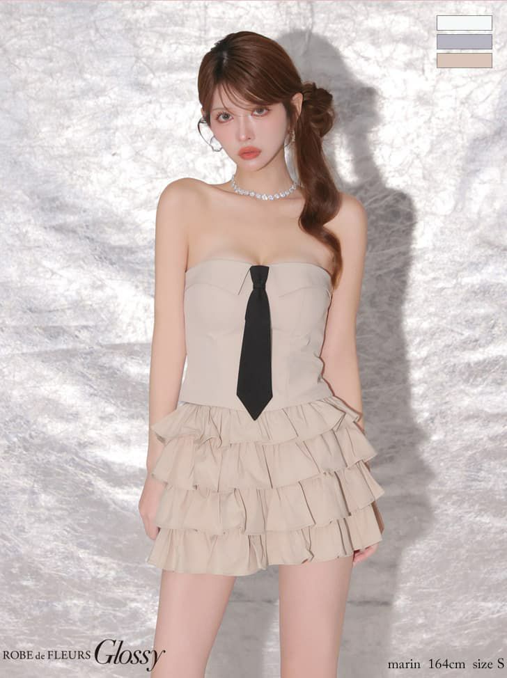 Glossy ローブドフルールグロッシー 【XSサイズあり】ネクタイ付きフリルティアードセットアップミニキャバドレス gl4229-c