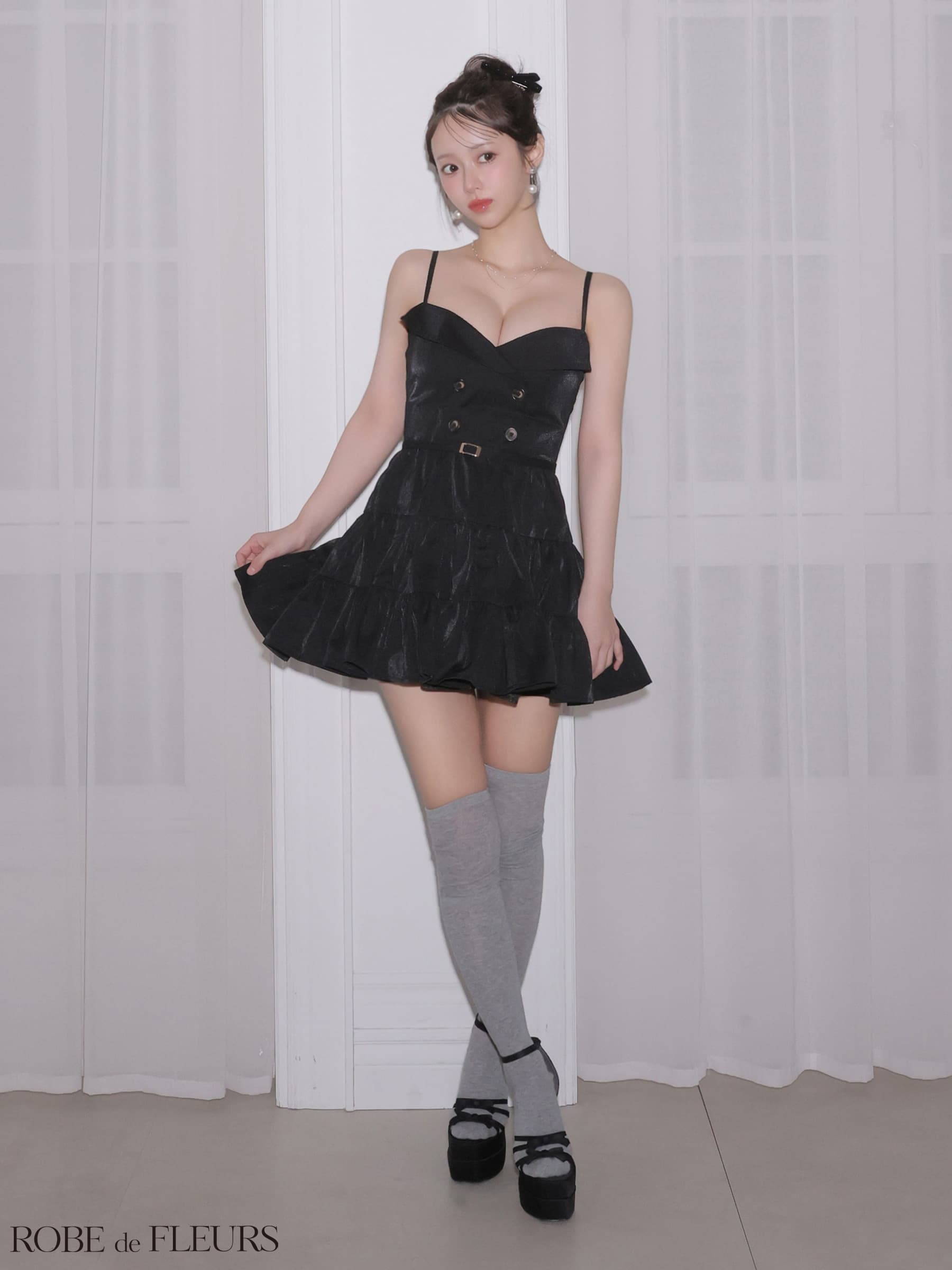 ROBE de FLEURS ローブドフルール 【XSサイズあり】 光沢ツイルダブルボタンティアードミニキャミキャバドレス fm3491-c