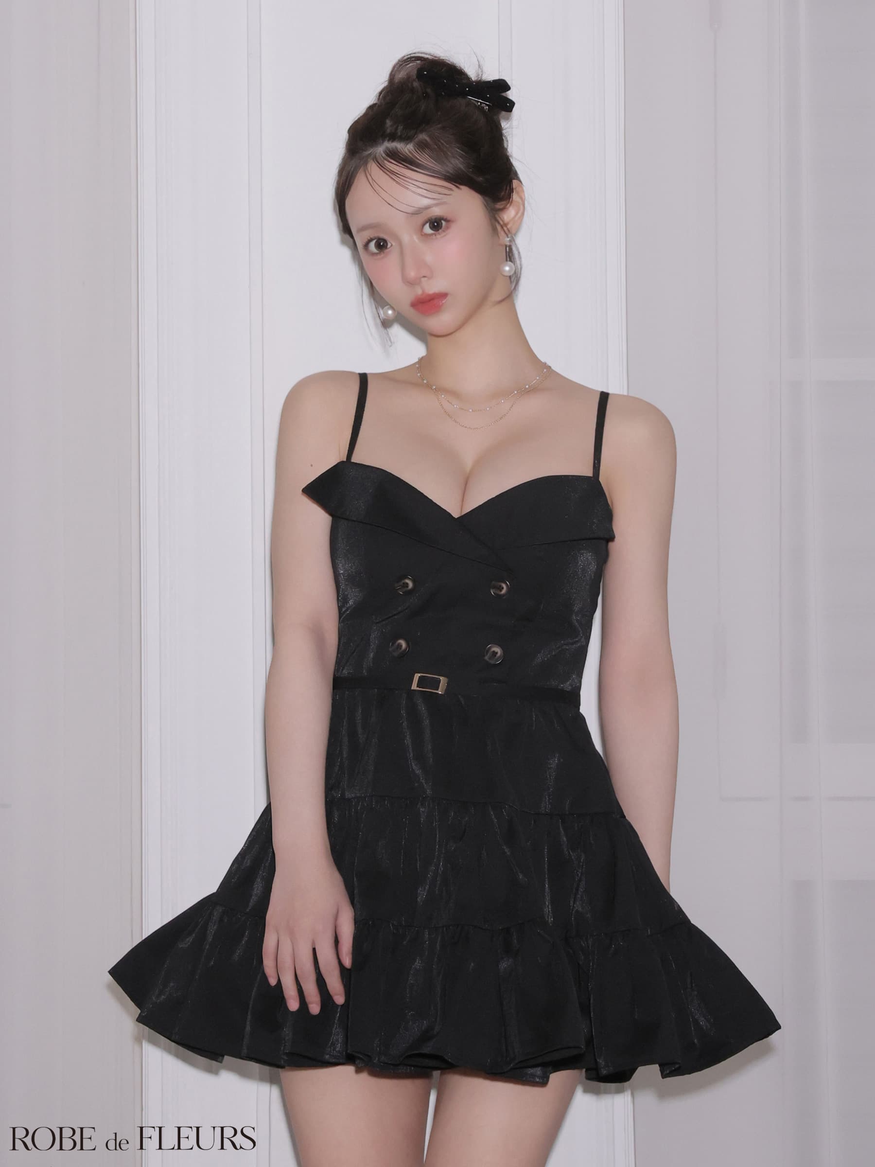 ROBE de FLEURS ローブドフルール 【XSサイズあり】 光沢ツイルダブルボタンティアードミニキャミキャバドレス fm3491-c