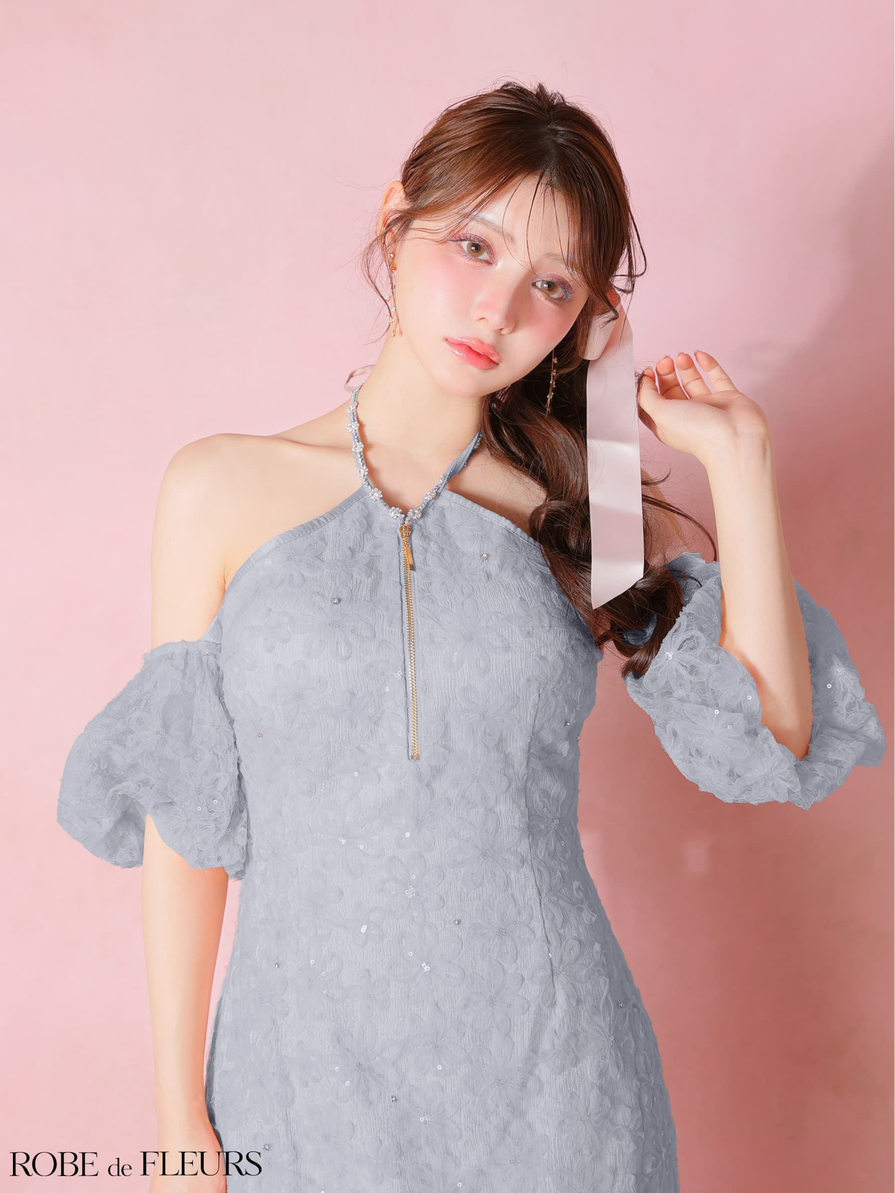 ROBE de FLEURS ローブドフルール 【XSサイズあり】 フラワーレースラメチュールホルタータイトミニキャバドレス fm4404-c