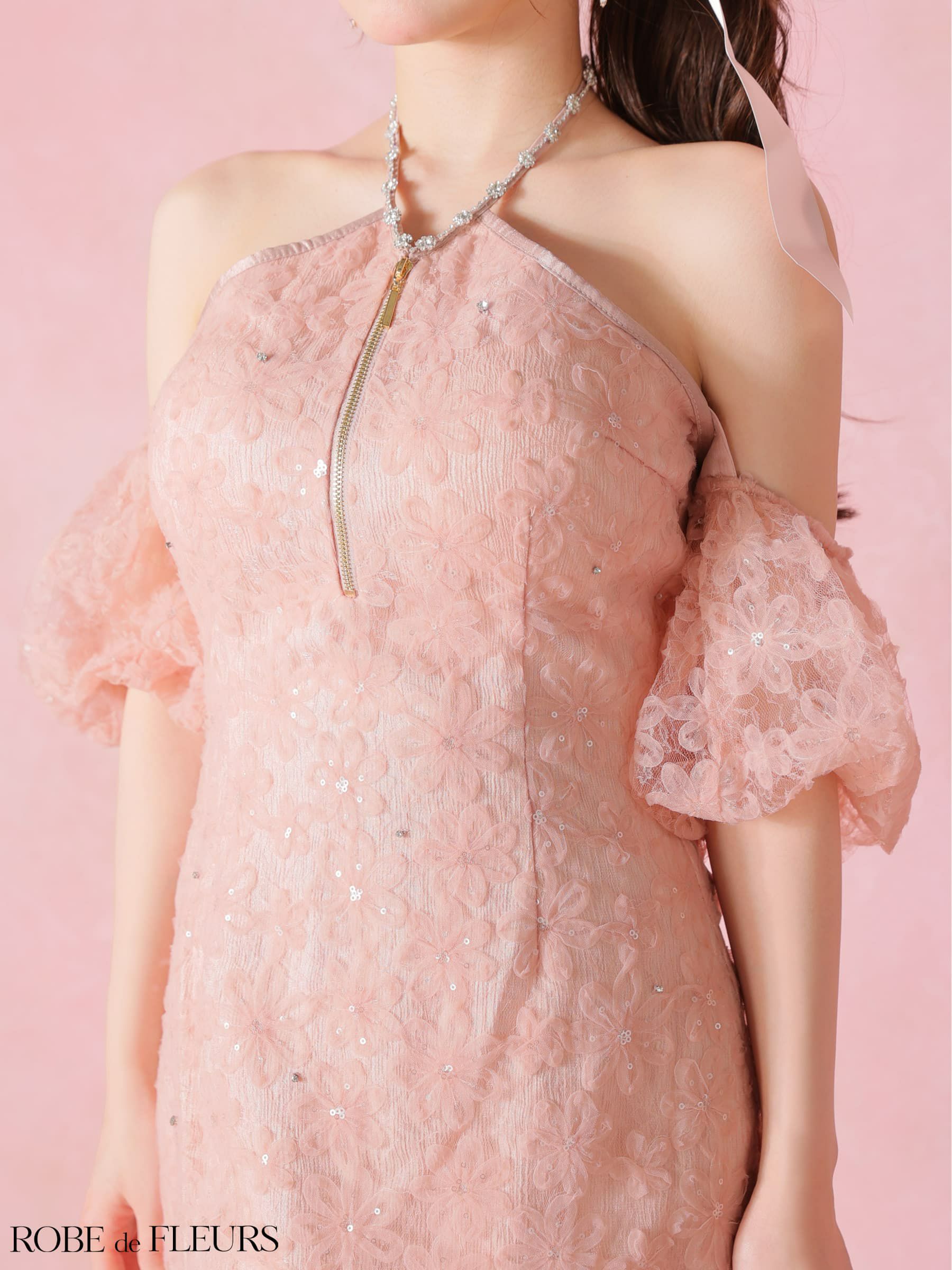 ROBE de FLEURS ローブドフルール 【XSサイズあり】 フラワーレースラメチュールホルタータイトミニキャバドレス fm4404-c