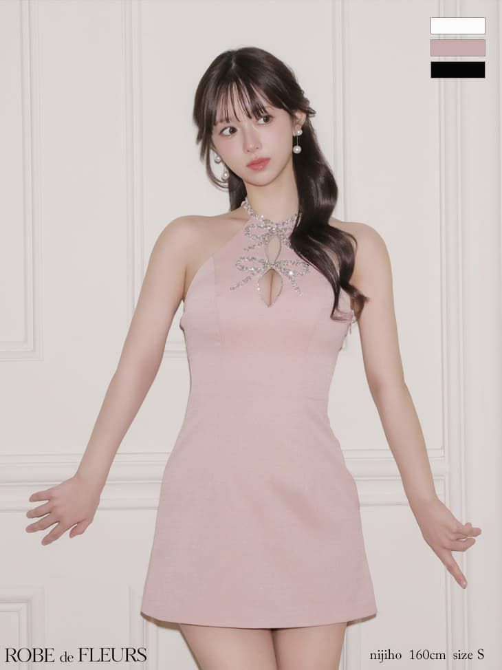 ROBE de FLEURS ローブドフルール 【XSサイズあり】 ツイードビジューリボンホルターミニキャバドレス fm4163-c