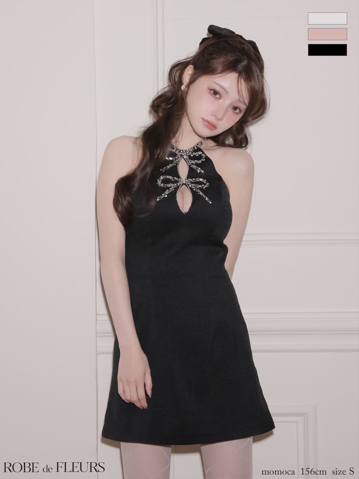 ROBE de FLEURS ローブドフルール 【XSサイズあり】 ツイードビジューリボンホルターミニキャバドレス fm4163-c