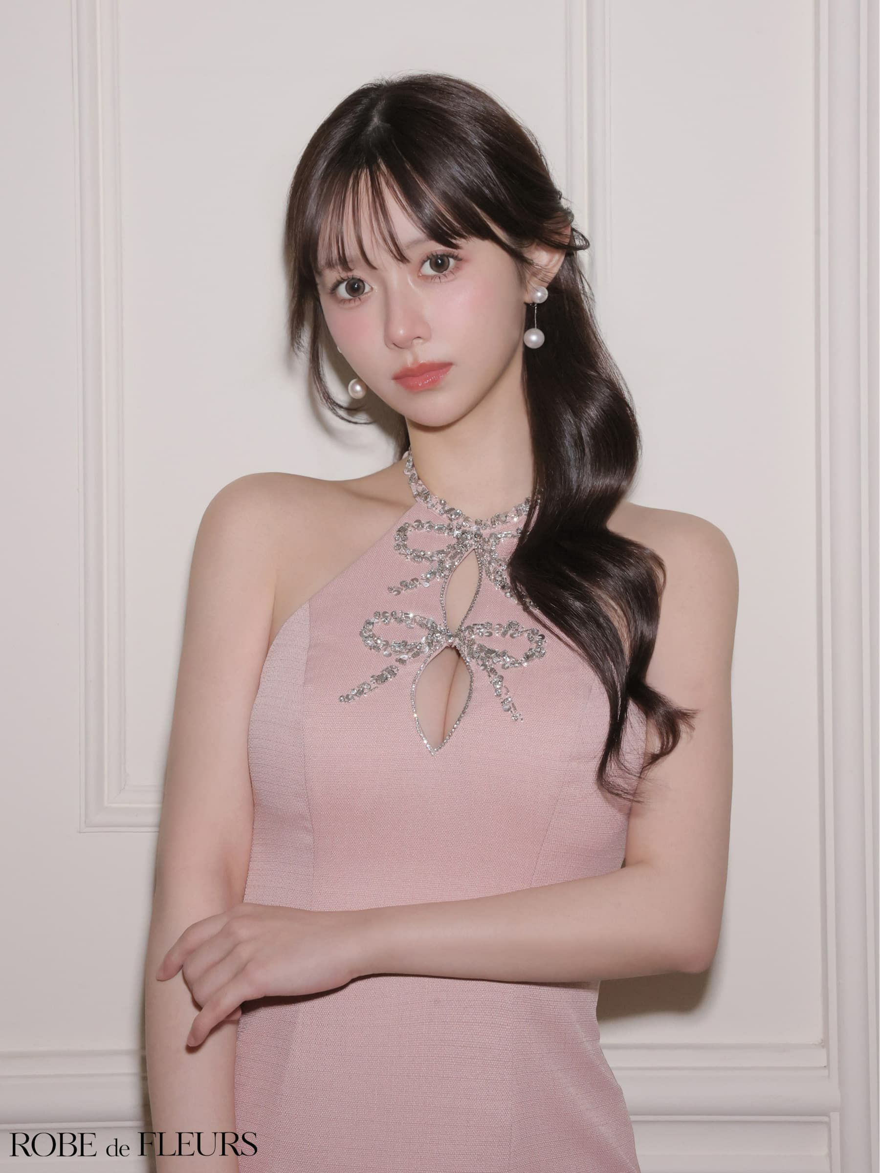 ROBE de FLEURS ローブドフルール 【XSサイズあり】 ツイードビジューリボンホルターミニキャバドレス fm4163-c