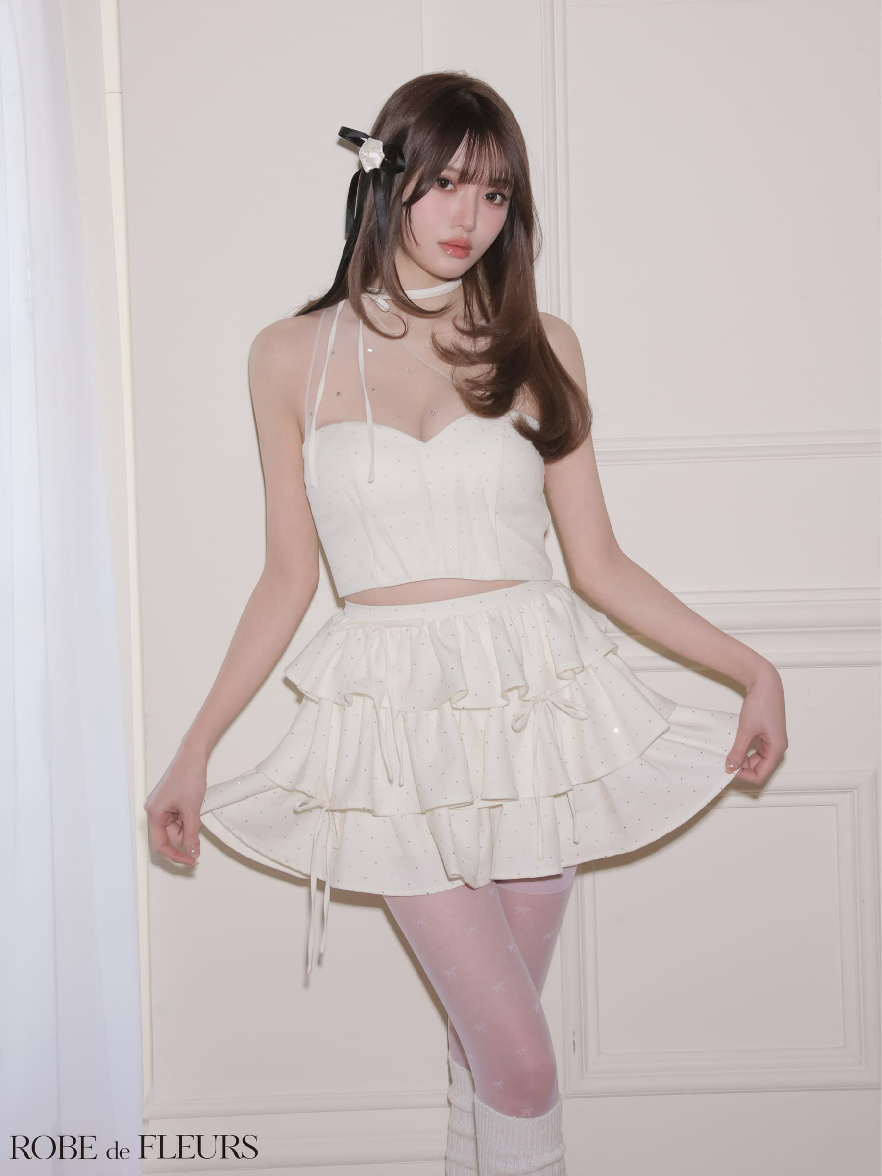 ROBE de FLEURS ローブドフルール 【XSサイズあり】 ストーンワンショルティアードツーピースミニキャバドレス fm4152-c