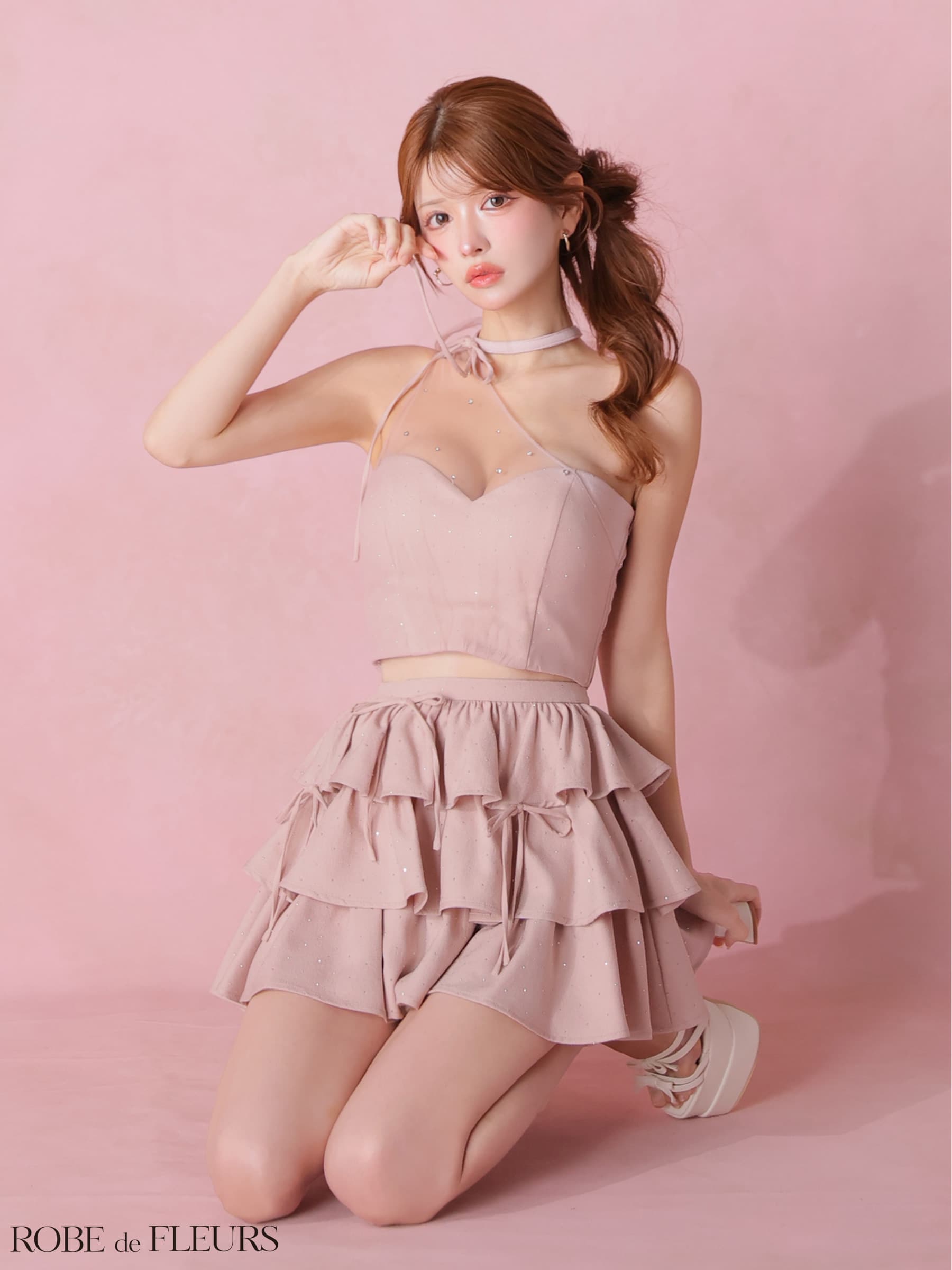 ROBE de FLEURS ローブドフルール 【XSサイズあり】 ストーンワンショルティアードツーピースミニキャバドレス fm4152-c