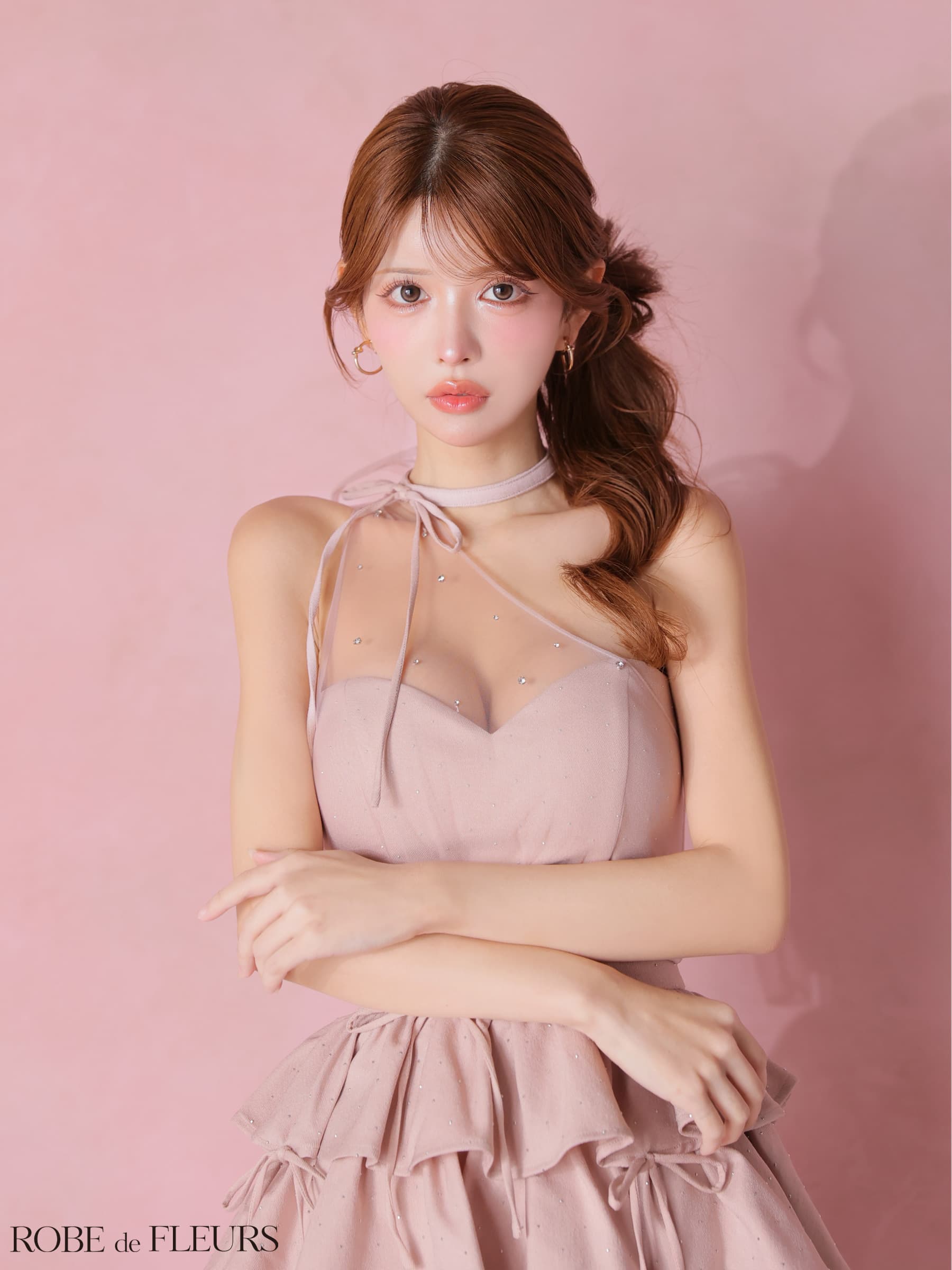 ROBE de FLEURS ローブドフルール 【XSサイズあり】 ストーンワンショルティアードツーピースミニキャバドレス fm4152-c