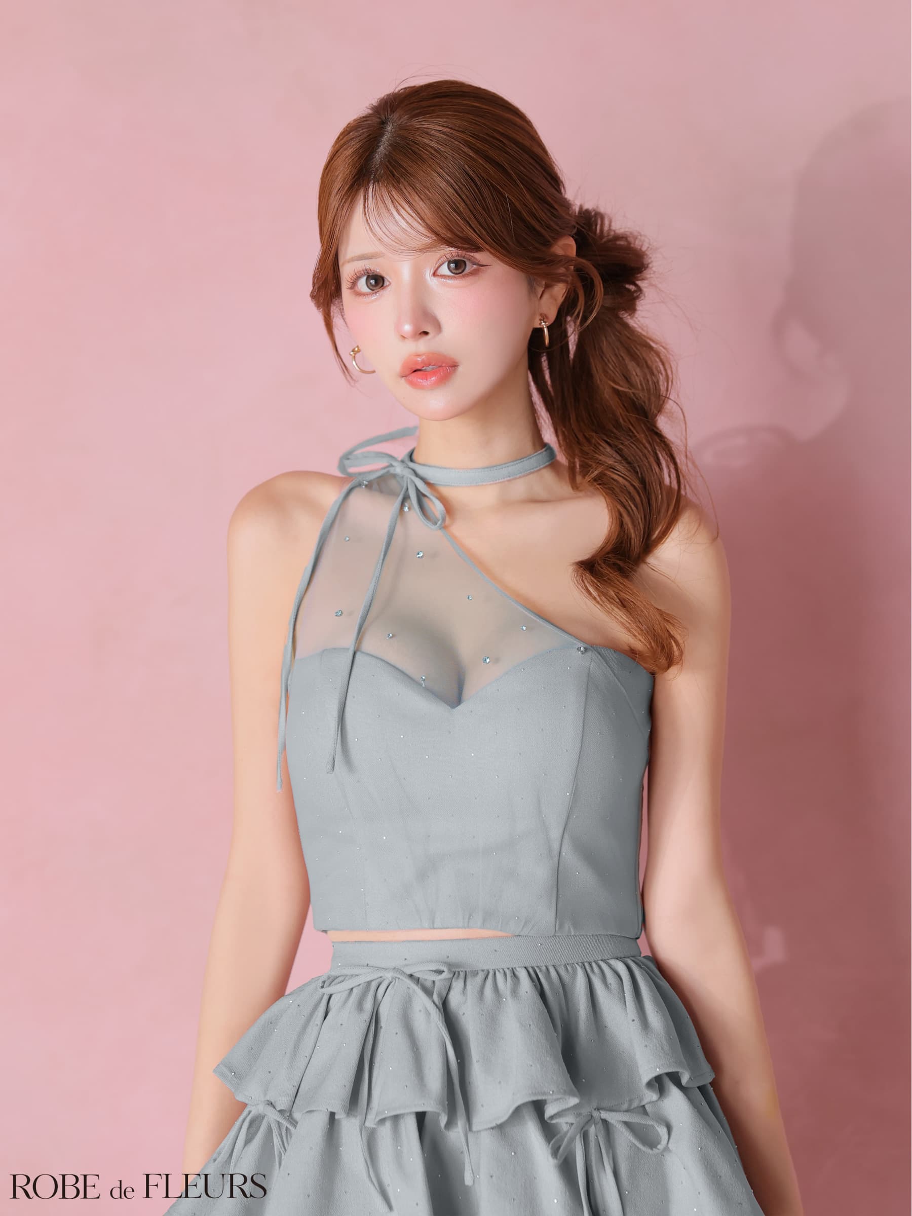 ROBE de FLEURS ローブドフルール 【XSサイズあり】 ストーンワンショルティアードツーピースミニキャバドレス fm4152-c