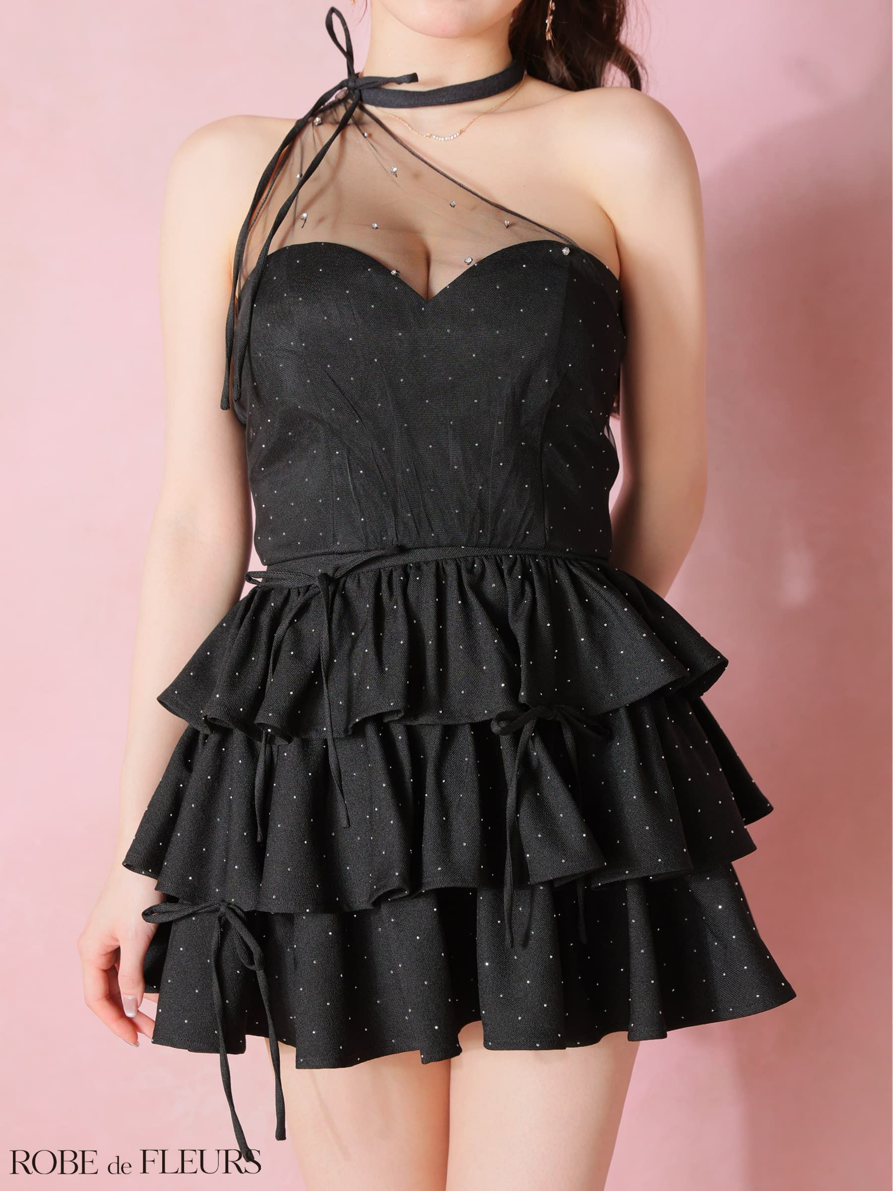 ROBE de FLEURS ローブドフルール 【XSサイズあり】 ストーンワンショルティアードツーピースミニキャバドレス fm4152-c