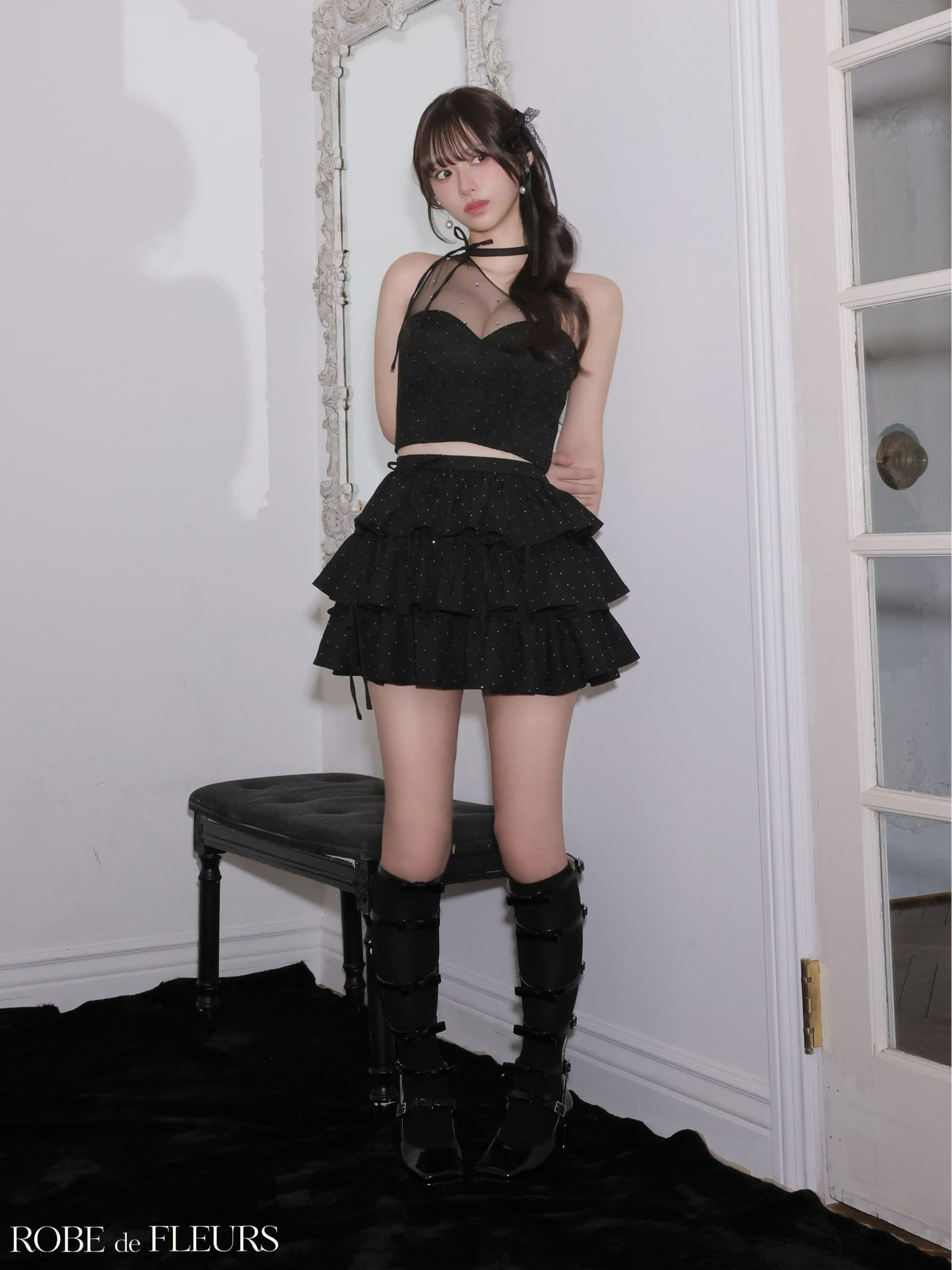 ROBE de FLEURS ローブドフルール 【XSサイズあり】 ストーンワンショルティアードツーピースミニキャバドレス fm4152-c