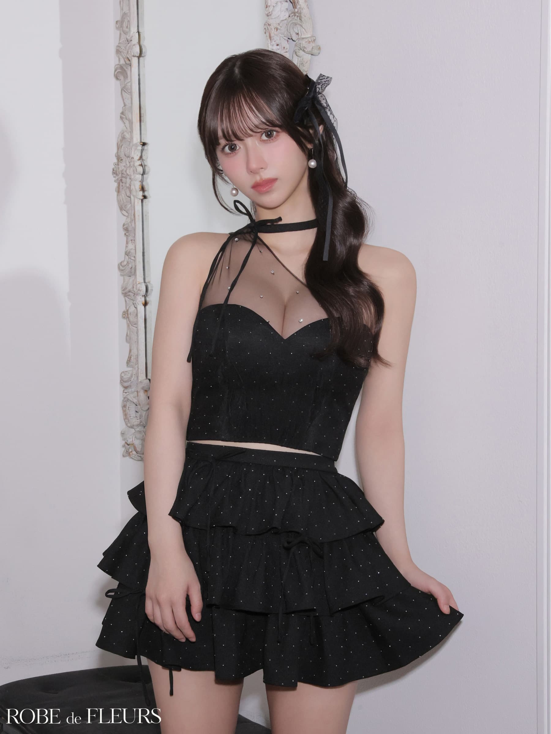 ROBE de FLEURS ローブドフルール 【XSサイズあり】 ストーンワンショルティアードツーピースミニキャバドレス fm4152-c