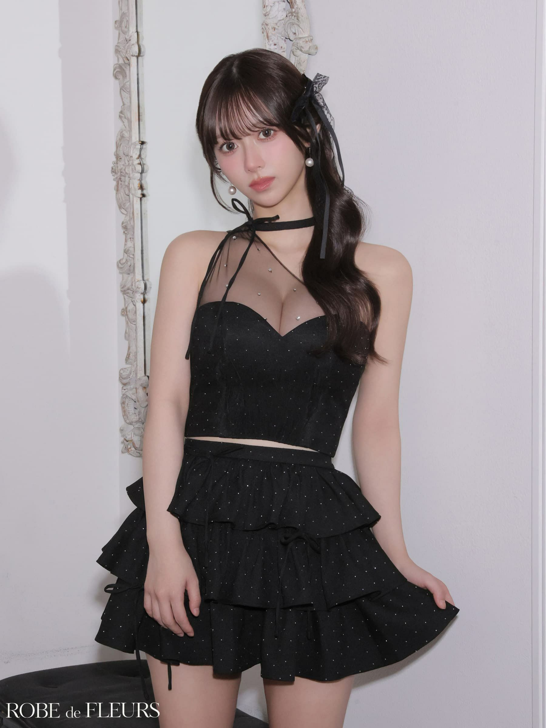 ROBE de FLEURS ローブドフルール 【XSサイズあり】 ストーンワンショルティアードツーピースミニキャバドレス fm4152-c