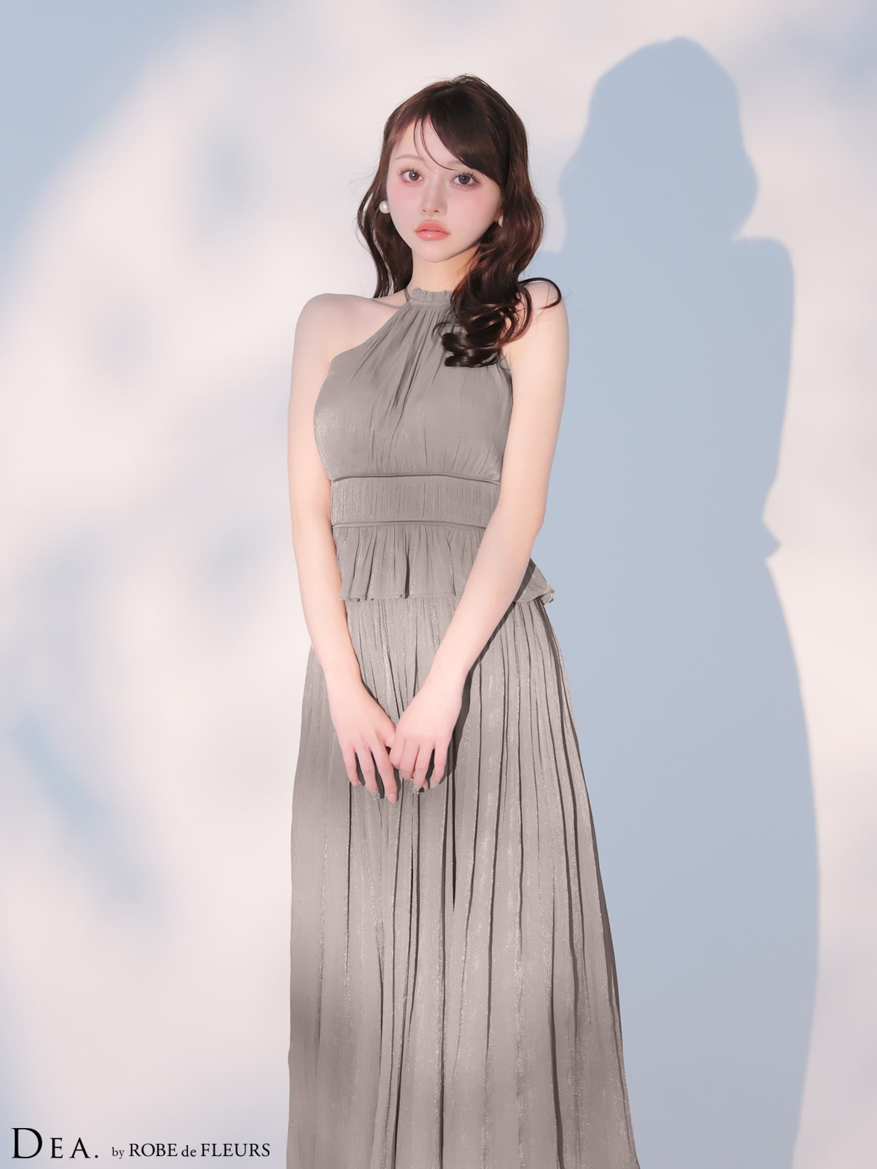 DEA. ディア バイ ローブドフルール 【XS～Lサイズあり】 ラメシフォンプリーツホルターネックツーピースロングキャバドレス de4344-c