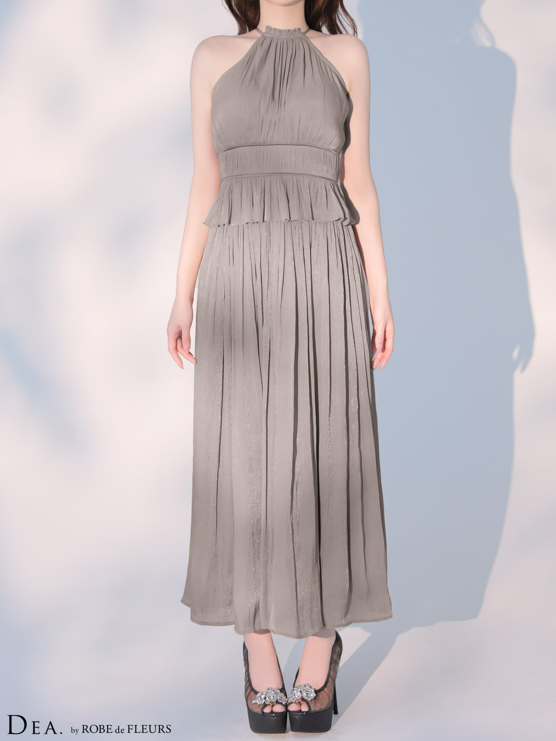 DEA. ディア バイ ローブドフルール 【XS～Lサイズあり】 ラメシフォンプリーツホルターネックツーピースロングキャバドレス de4344-c