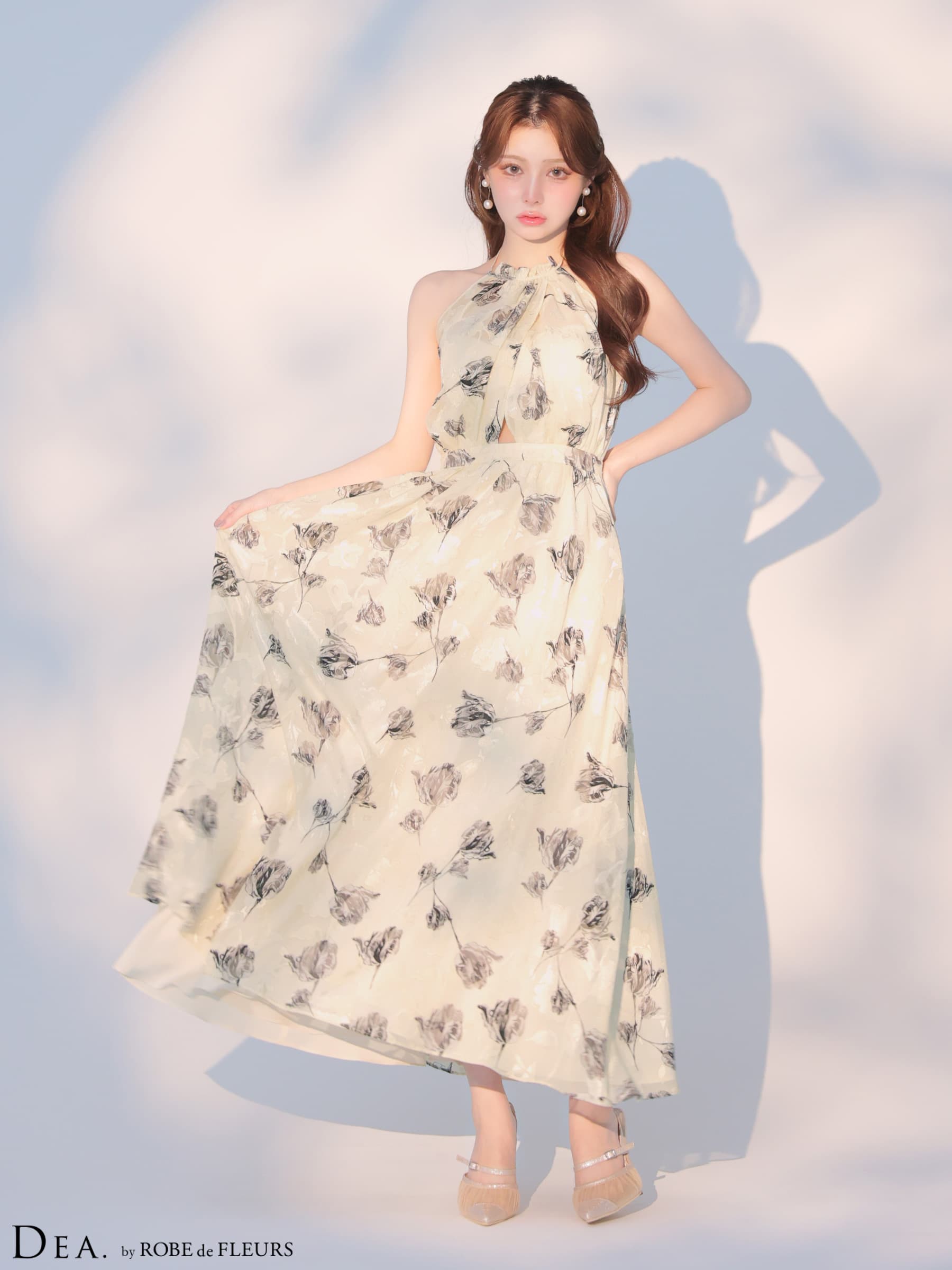 DEA. ディア バイ ローブドフルール 【XS～Lサイズあり】フラワージャガードシフォンホルターネックロングキャバドレス de4642-c