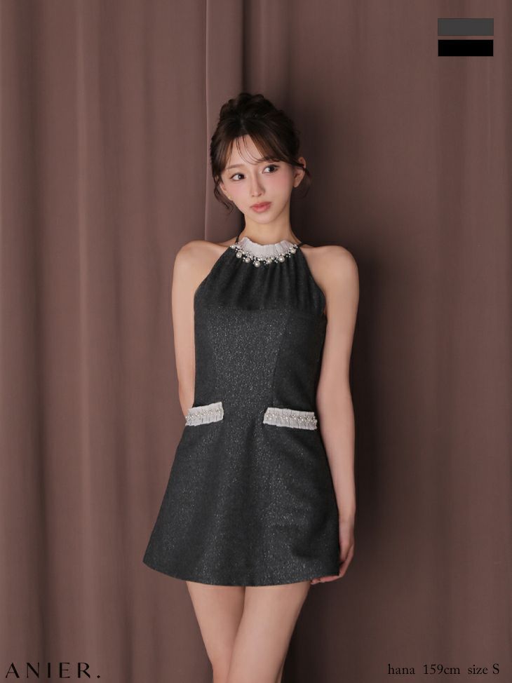 ROBE de FLEURS anier.ROBE ローブドフルール アニエルローブ 【XSサイズあり】 Glitter flannel halter pearl mini dress グリッターフランネルホルターパールミニドレス fm-anier4057