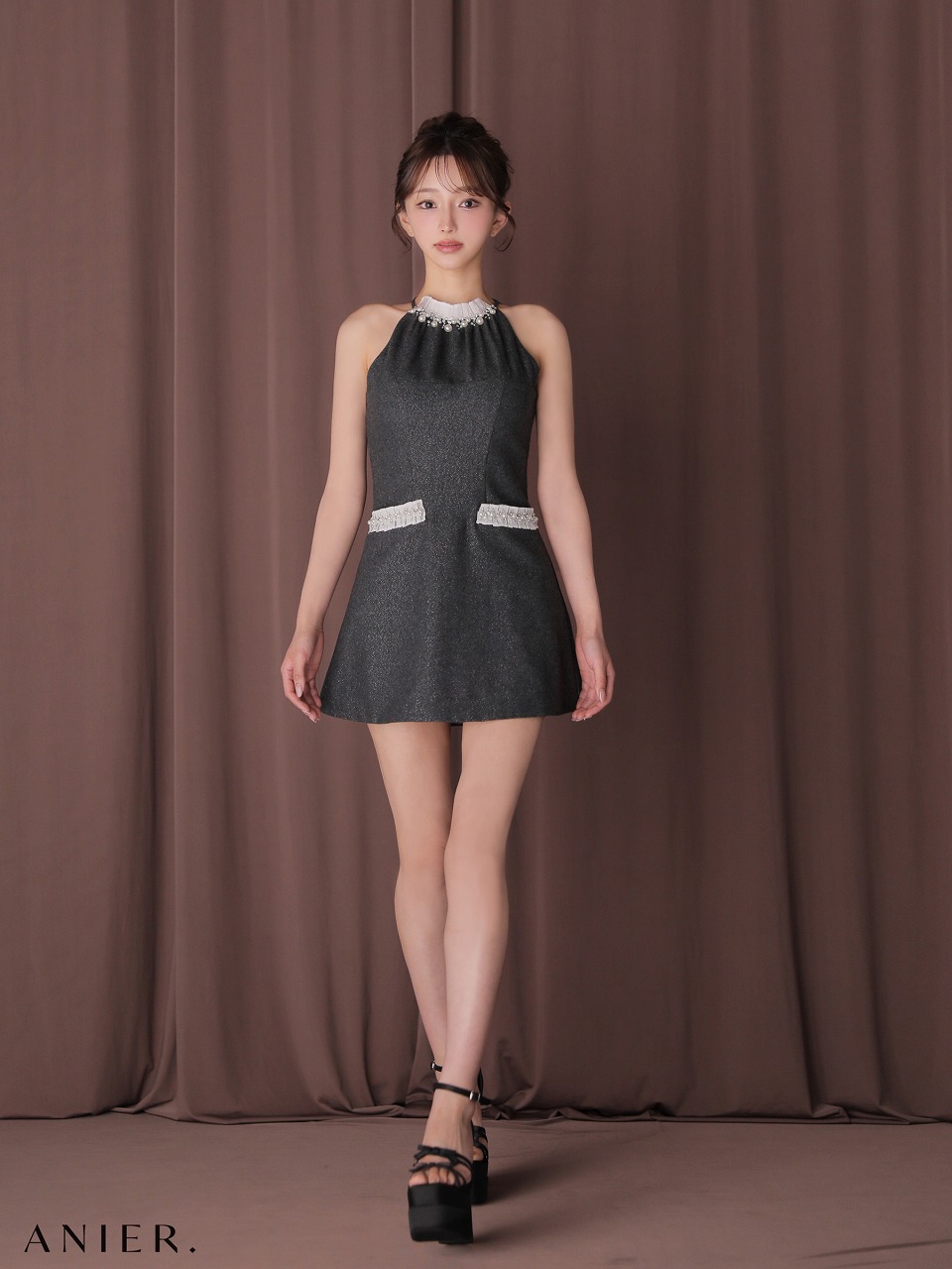 ROBE de FLEURS anier.ROBE ローブドフルール アニエルローブ 【XSサイズあり】 Glitter flannel halter pearl mini dress グリッターフランネルホルターパールミニドレス fm-anier4057