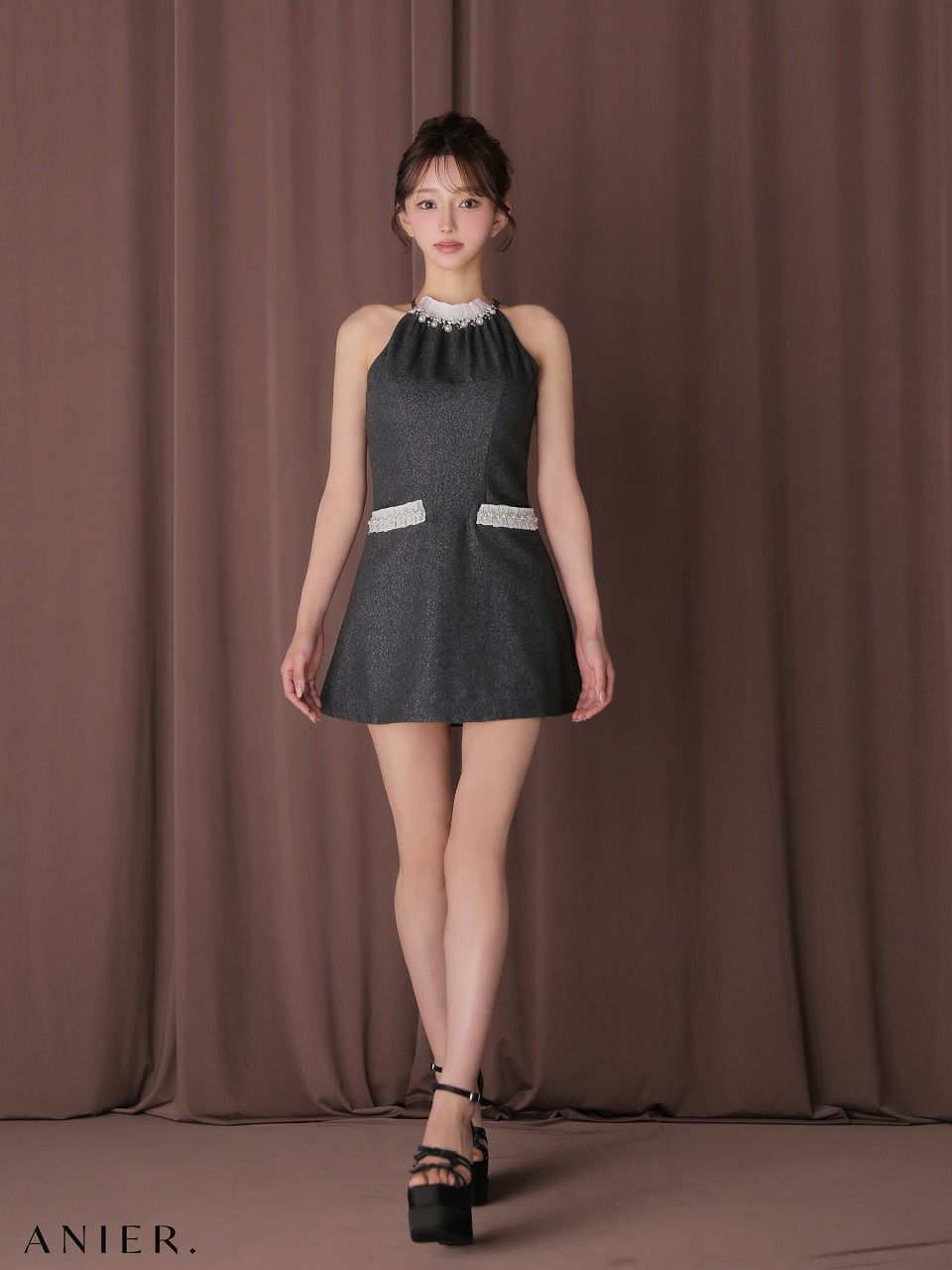 ROBE de FLEURS anier.ROBE ローブドフルール アニエルローブ 【XSサイズあり】 Glitter flannel halter pearl mini dress グリッターフランネルホルターパールミニドレス fm-anier4057