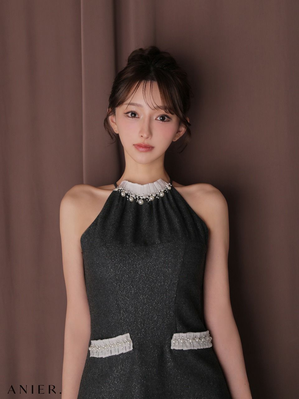 ROBE de FLEURS anier.ROBE ローブドフルール アニエルローブ 【XSサイズあり】 Glitter flannel halter pearl mini dress グリッターフランネルホルターパールミニドレス fm-anier4057