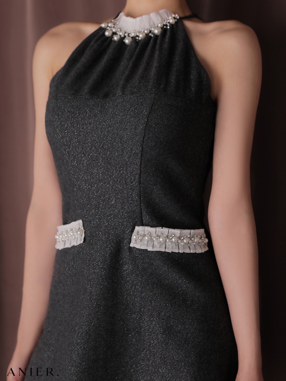 ROBE de FLEURS anier.ROBE ローブドフルール アニエルローブ 【XSサイズあり】 Glitter flannel halter pearl mini dress グリッターフランネルホルターパールミニドレス fm-anier4057