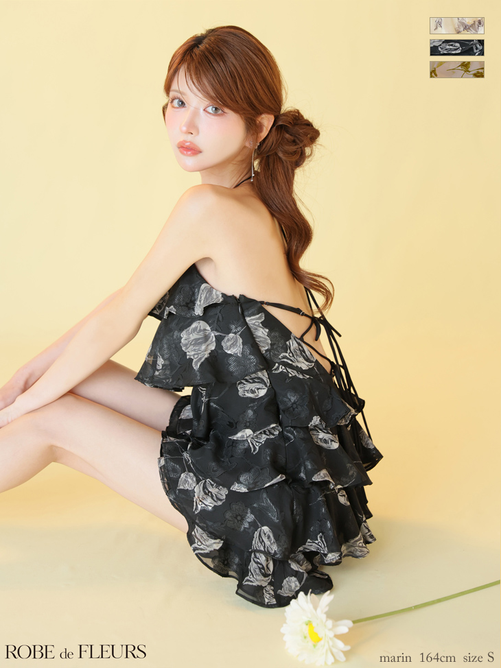 ROBE de FLEURS ローブドフルール 【XSサイズあり】フラワージャガードシフォンティアードミニキャバドレス fm4503