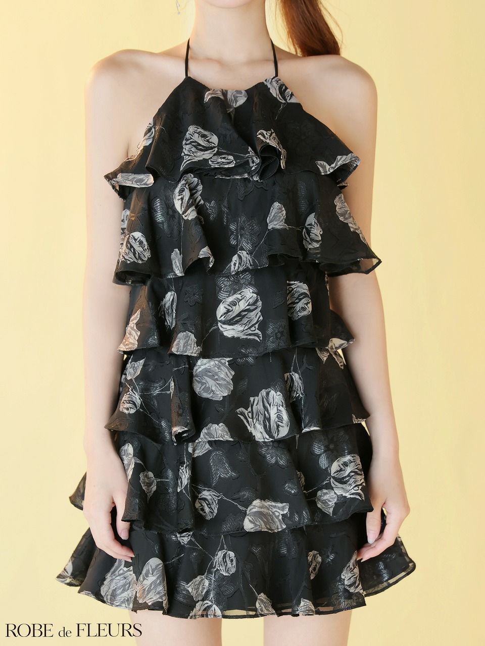 ROBE de FLEURS ローブドフルール 【XSサイズあり】フラワージャガードシフォンティアードミニキャバドレス fm4503