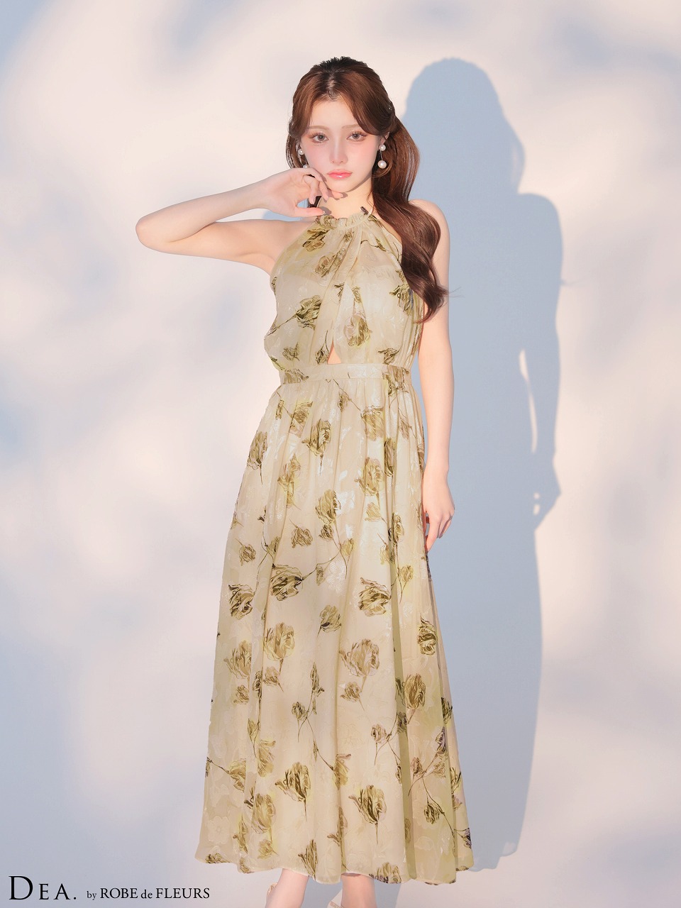 DEA. ディア バイ ローブドフルール 【XS～Lサイズあり】フラワージャガードシフォンホルターネックロングキャバドレス de4642