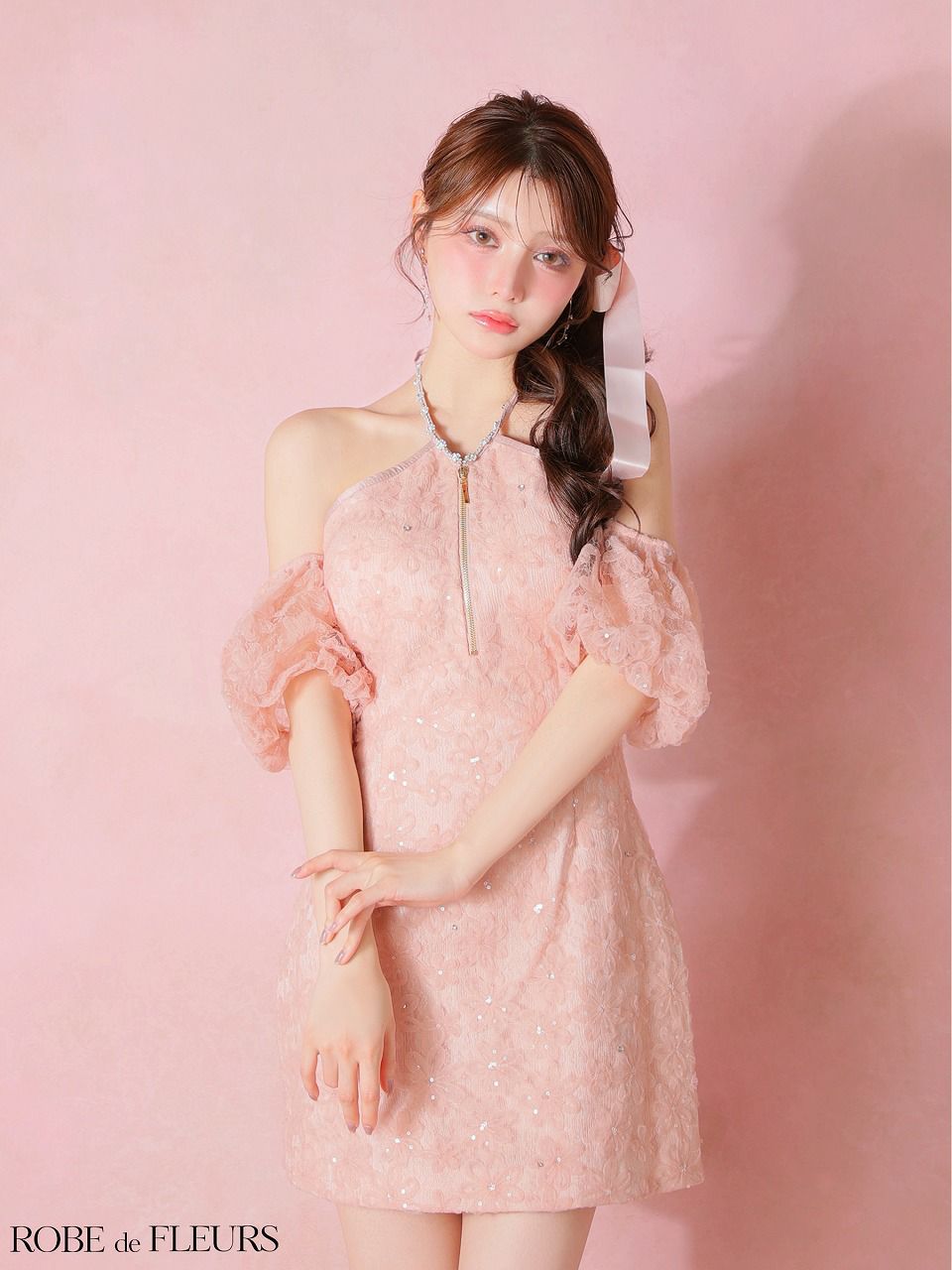 ROBE de FLEURS ローブドフルール 【XSサイズあり】 フラワーレースラメチュールホルタータイトミニキャバドレス fm4404