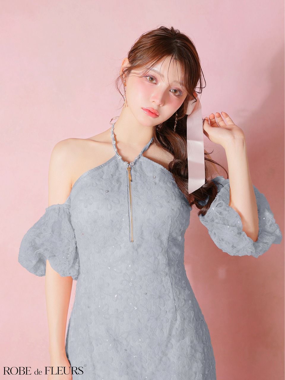 ROBE de FLEURS ローブドフルール 【XSサイズあり】 フラワーレースラメチュールホルタータイトミニキャバドレス fm4404