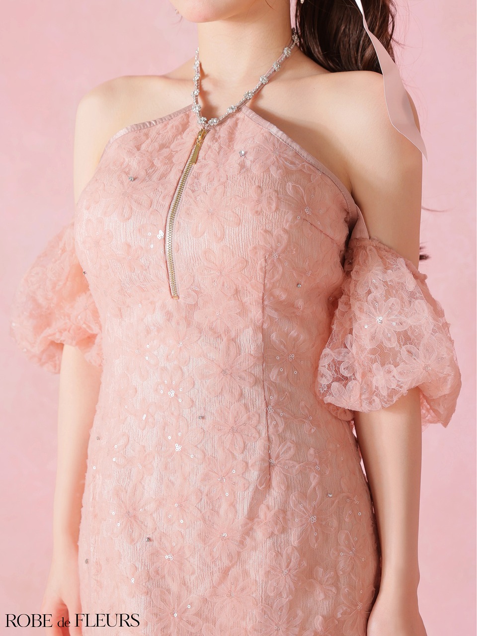 ROBE de FLEURS ローブドフルール 【XSサイズあり】 フラワーレースラメチュールホルタータイトミニキャバドレス fm4404