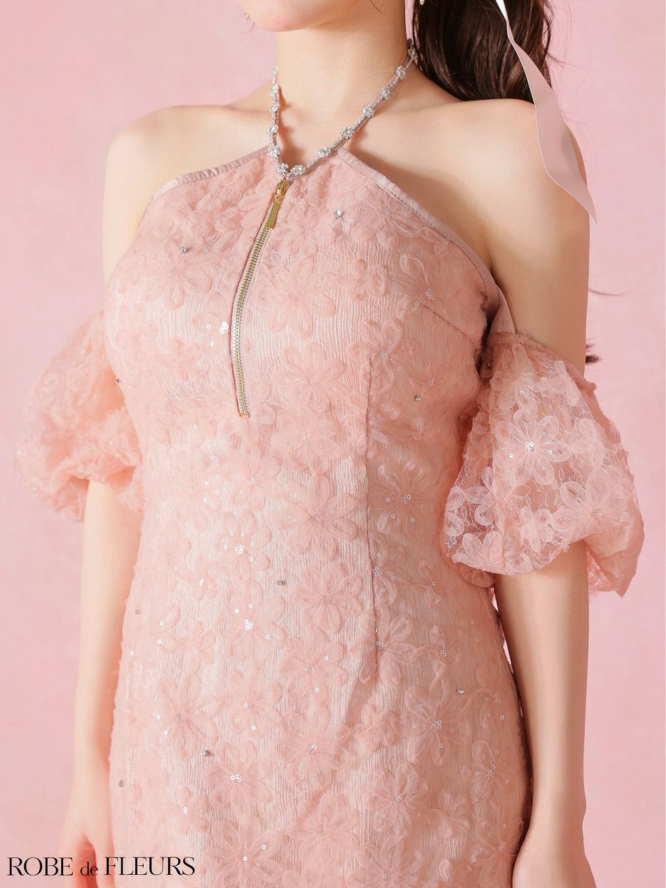 ROBE de FLEURS ローブドフルール 【XSサイズあり】 フラワーレースラメチュールホルタータイトミニキャバドレス fm4404