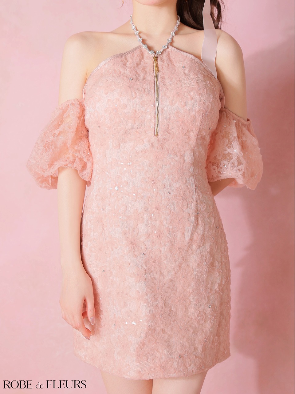 ROBE de FLEURS ローブドフルール 【XSサイズあり】 フラワーレースラメチュールホルタータイトミニキャバドレス fm4404