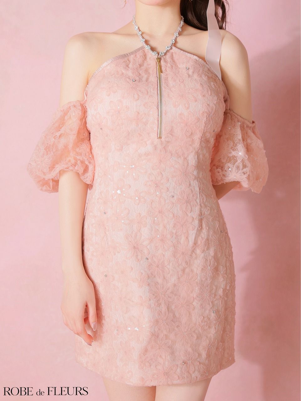 ROBE de FLEURS ローブドフルール 【XSサイズあり】 フラワーレースラメチュールホルタータイトミニキャバドレス fm4404