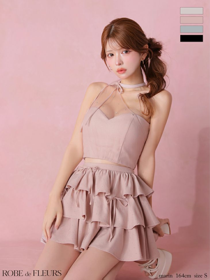 ROBE de FLEURS ローブドフルール 【XSサイズあり】 ストーンワンショルティアードツーピースミニキャバドレス fm4152