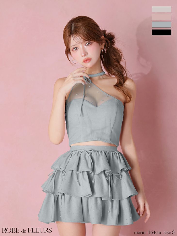 ROBE de FLEURS ローブドフルール 【XSサイズあり】 ストーンワンショルティアードツーピースミニキャバドレス fm4152