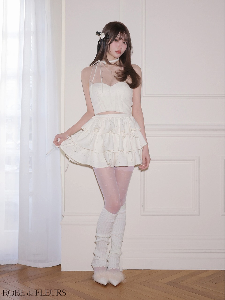 ROBE de FLEURS ローブドフルール 【XSサイズあり】 ストーンワンショルティアードツーピースミニキャバドレス fm4152