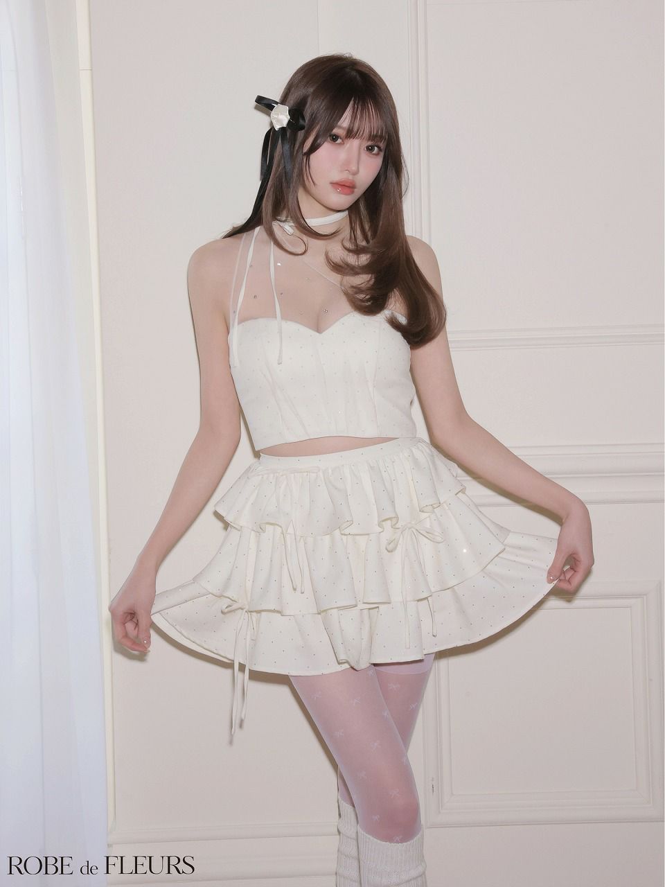 ROBE de FLEURS ローブドフルール 【XSサイズあり】 ストーンワンショルティアードツーピースミニキャバドレス fm4152