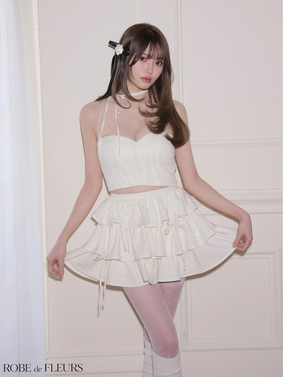 ROBE de FLEURS ローブドフルール 【XSサイズあり】 ストーンワンショルティアードツーピースミニキャバドレス fm4152