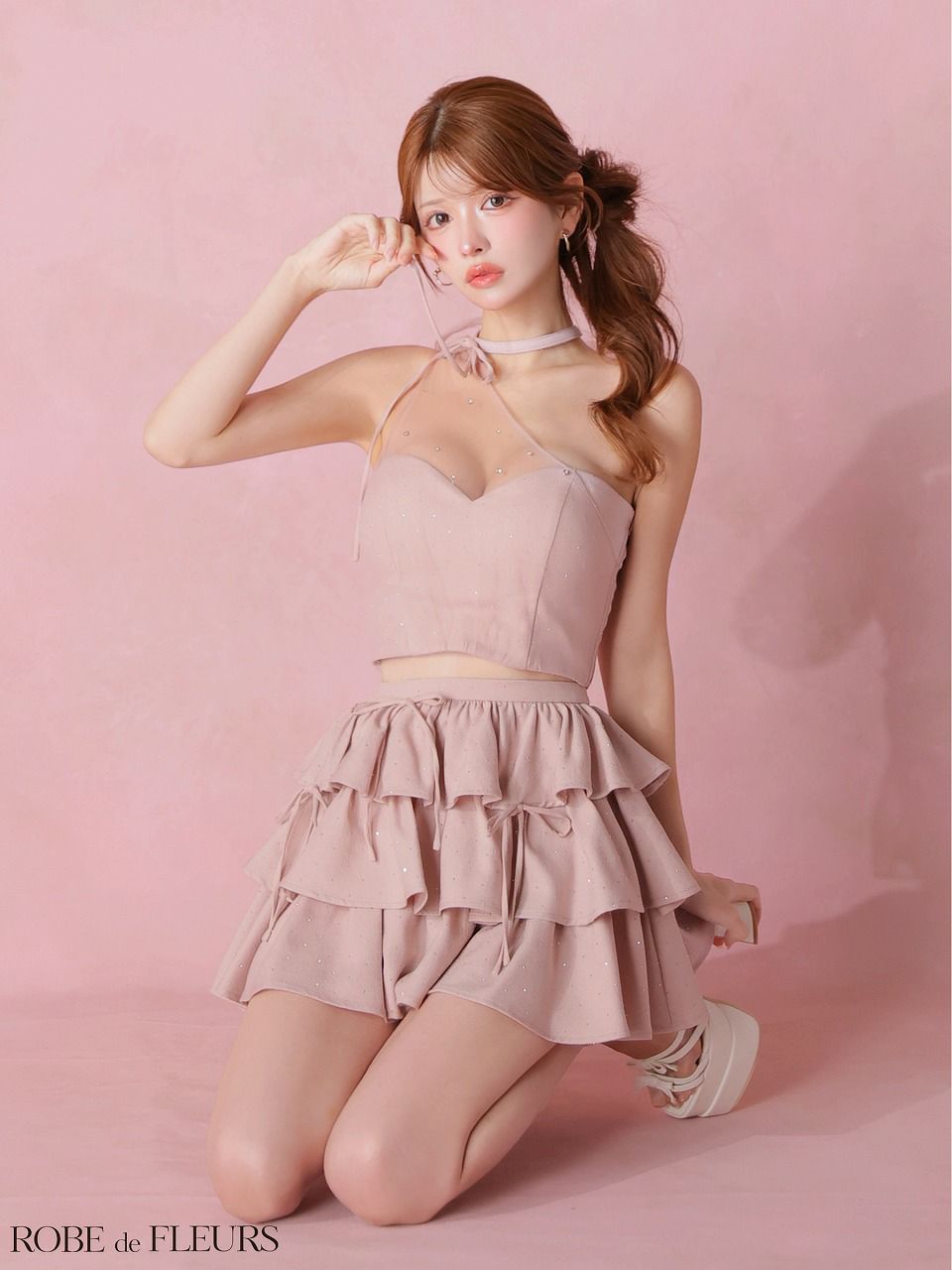 ROBE de FLEURS ローブドフルール 【XSサイズあり】 ストーンワンショルティアードツーピースミニキャバドレス fm4152