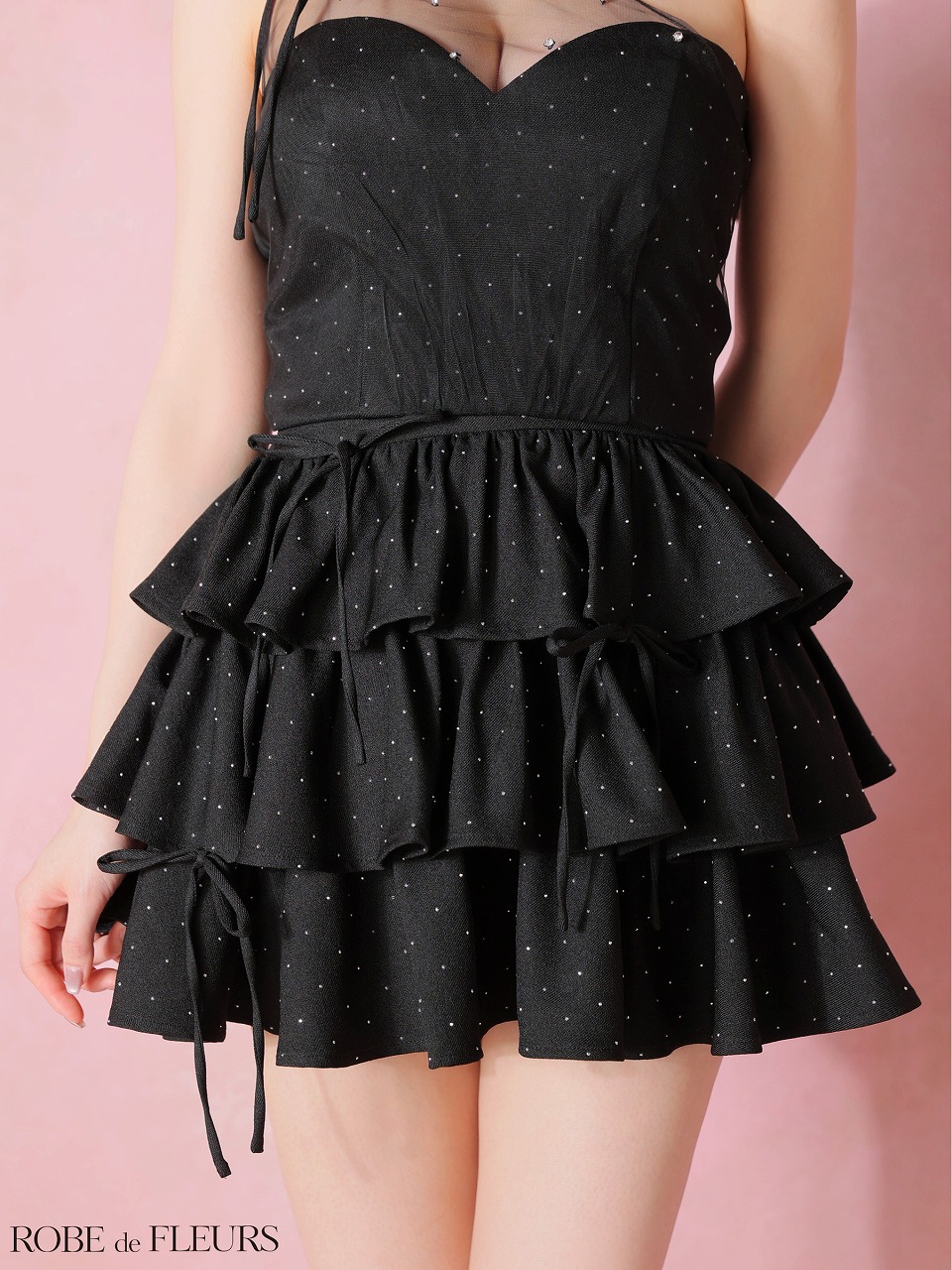 ROBE de FLEURS ローブドフルール 【XSサイズあり】 ストーンワンショルティアードツーピースミニキャバドレス fm4152