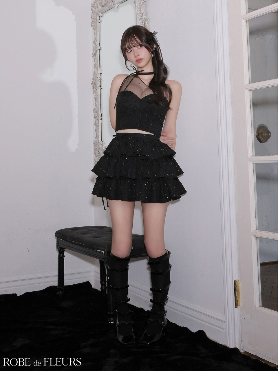 ROBE de FLEURS ローブドフルール 【XSサイズあり】 ストーンワンショルティアードツーピースミニキャバドレス fm4152