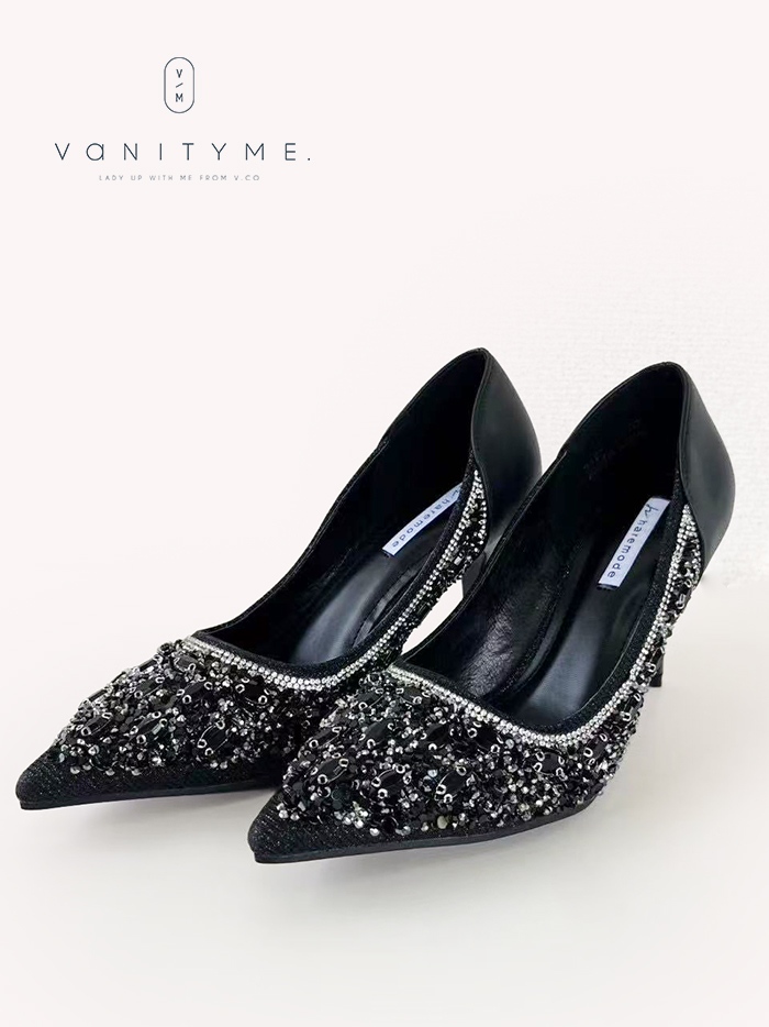 haremode ビジュー ポインテッドトゥ パンプス  ベージュ・ブラック・シルバー vsh-am-3427