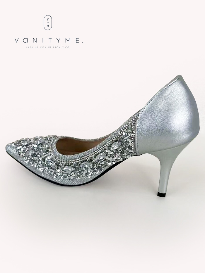 haremode ビジュー ポインテッドトゥ パンプス  ベージュ・ブラック・シルバー vsh-am-3427